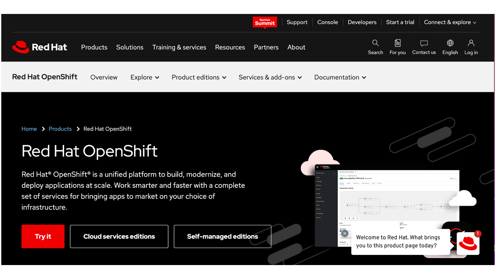 red hat openshift home page screenshot