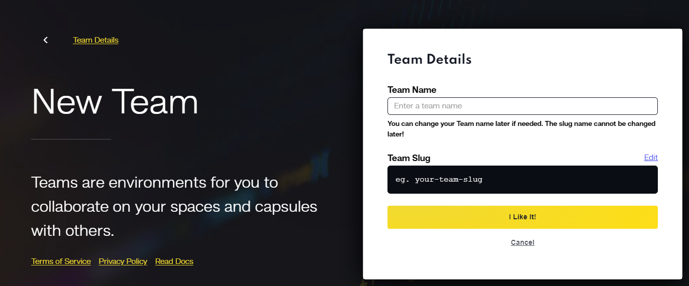 Code Capsules Dashboard create a new team